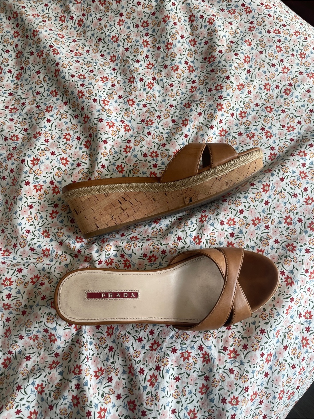 Y2K Vintage Prada Tan Leather Cork Wedge Slide Sandals Size 36 - Picture 6 of 7